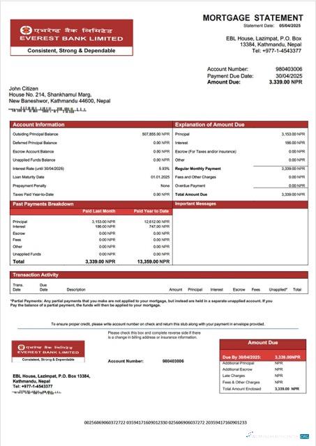 Download Nepal Everest Bank mortgage statement Word and PDF template Photoshop template